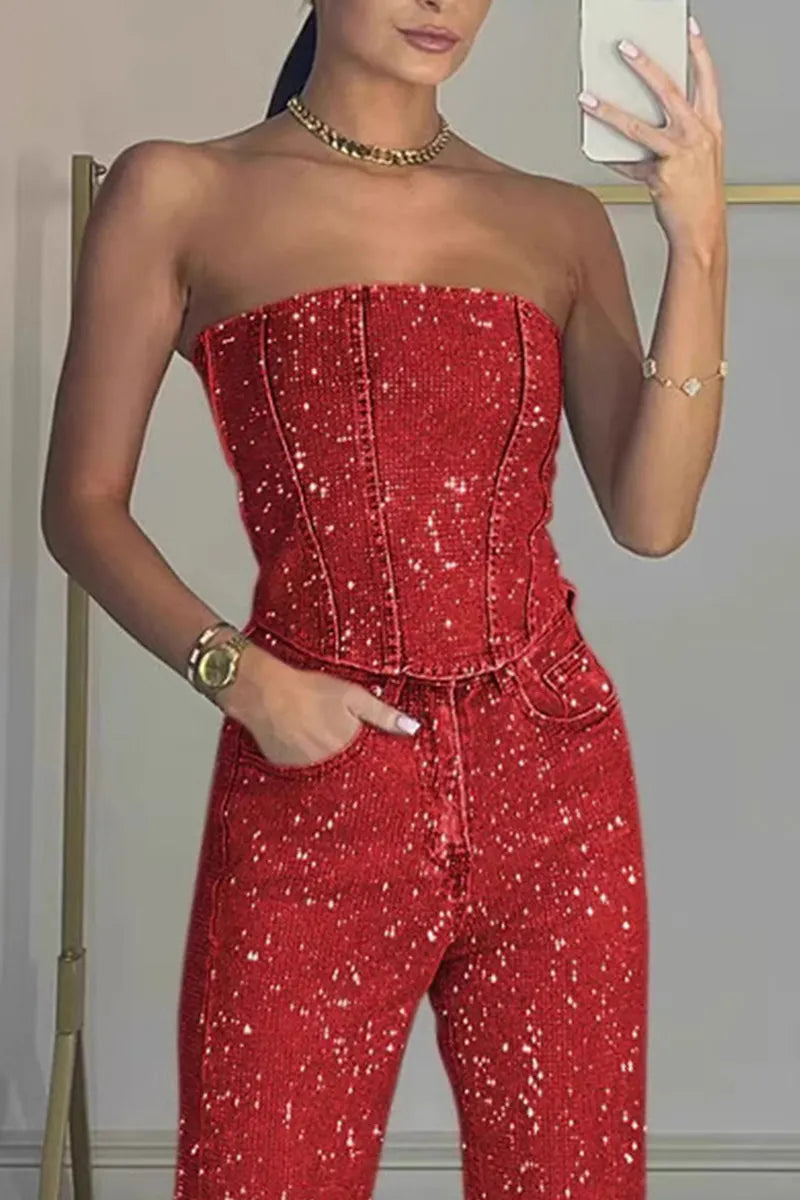 Ladies' Sexy Off Shoulder Sparkling Rhinestone Denim Top & Jeans