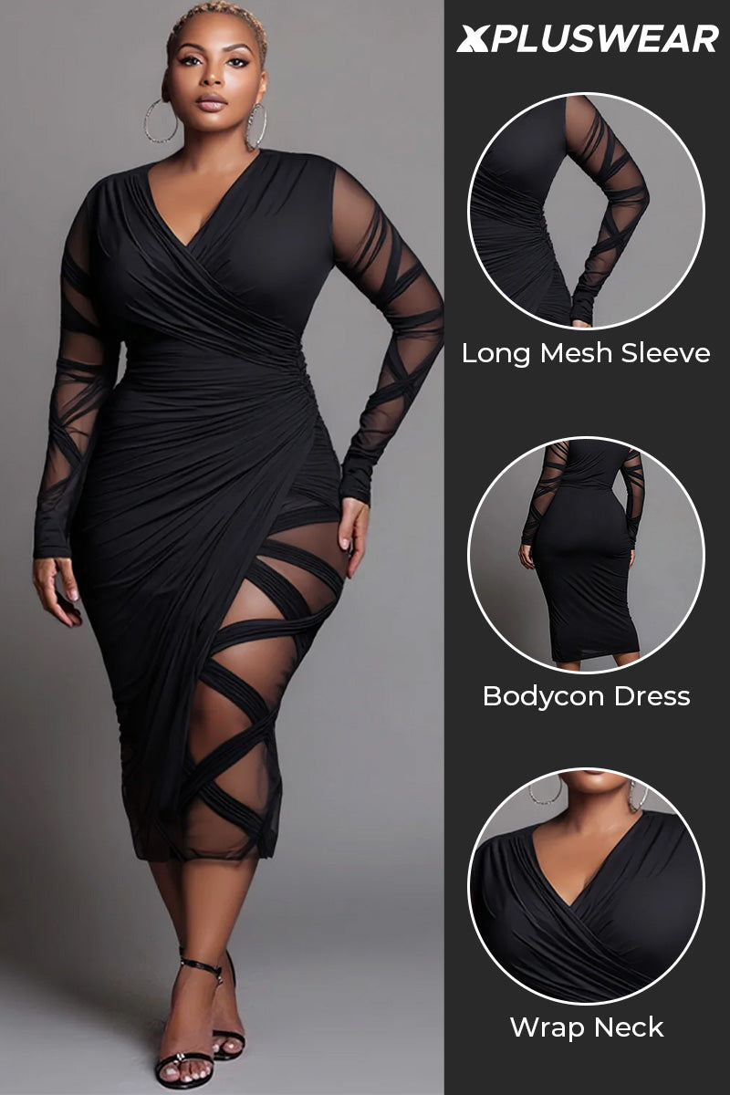 Party Black Wrap Neck Long Sleeve Bodycon See Through Midi Dresses