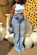 Women High Waist 3D Rose Floral Applique Light Wash Flare Jeans