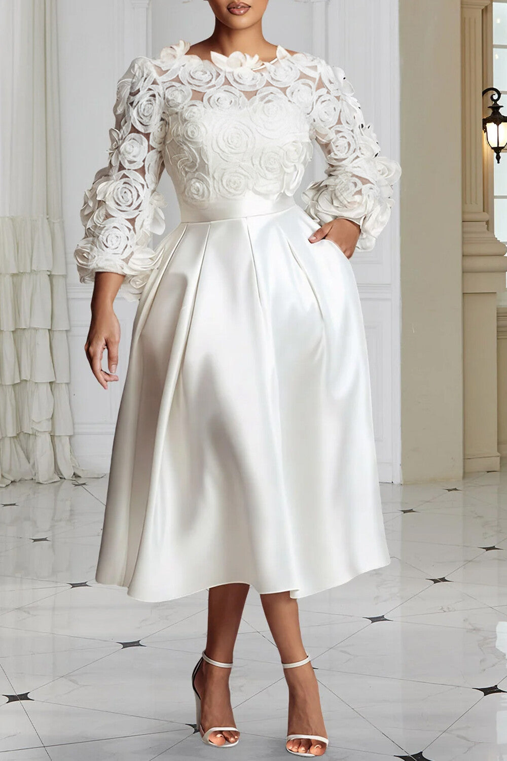 Wedding White Round Neck 3/4 Sleeve 3D Elegant Pocket Satin Midi Dresses
