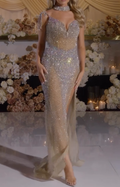 Silver Iridescent Beaded Choker Neck Sheer Maxi Dress with High Slit & Lace-Up Back