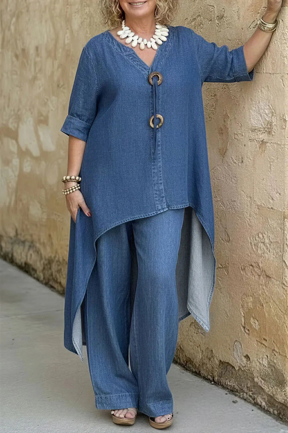 Plus Size Daily Casual Blue V Neck Half Sleeve Asymmetric Hem Wide Leg Tencel Denim Two Piece Pant Sets