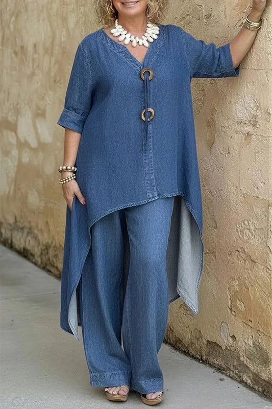 Plus Size Daily Casual Blue V Neck Half Sleeve Asymmetric Hem Wide Leg Tencel Denim Two Piece Pant Sets