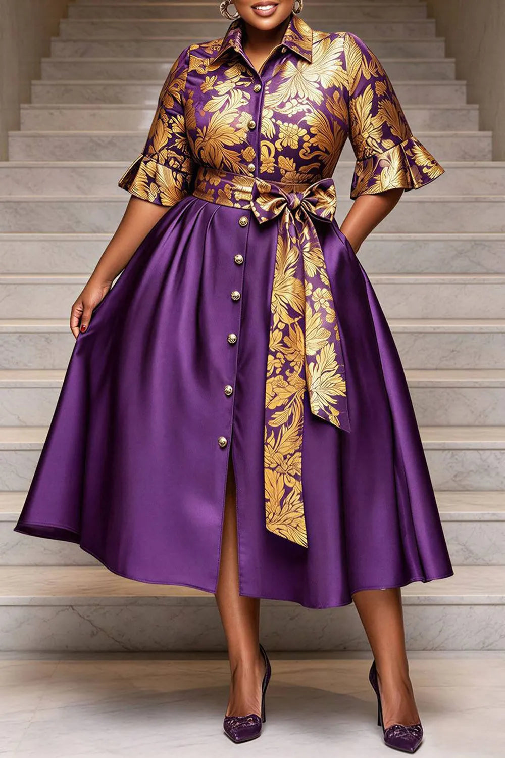 Churchs Purple Graphic Shirt Collar Short Sleeve Foil Print Pocket Satin Midi Dresses