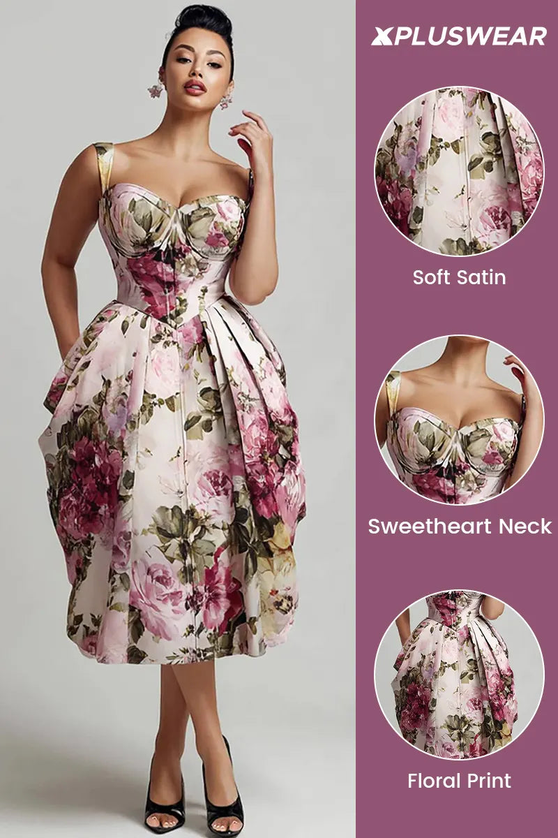 Cocktail Party Pink Floral Sweetheart Neck Pleated Pocket Satin Midi Dresses