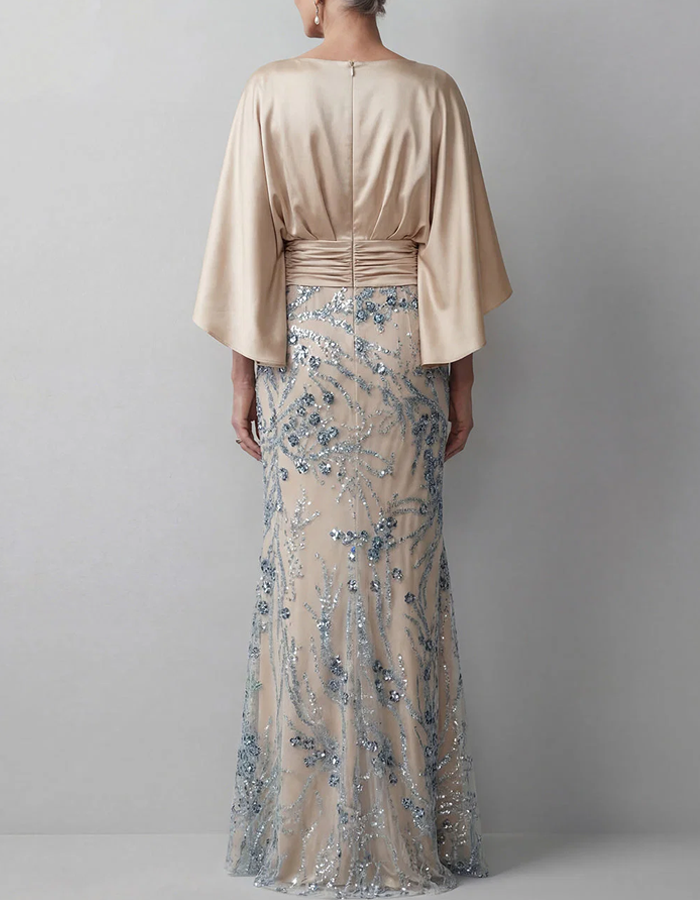 Champagne-colored Satin Cape-sleeved Maxi Dress
