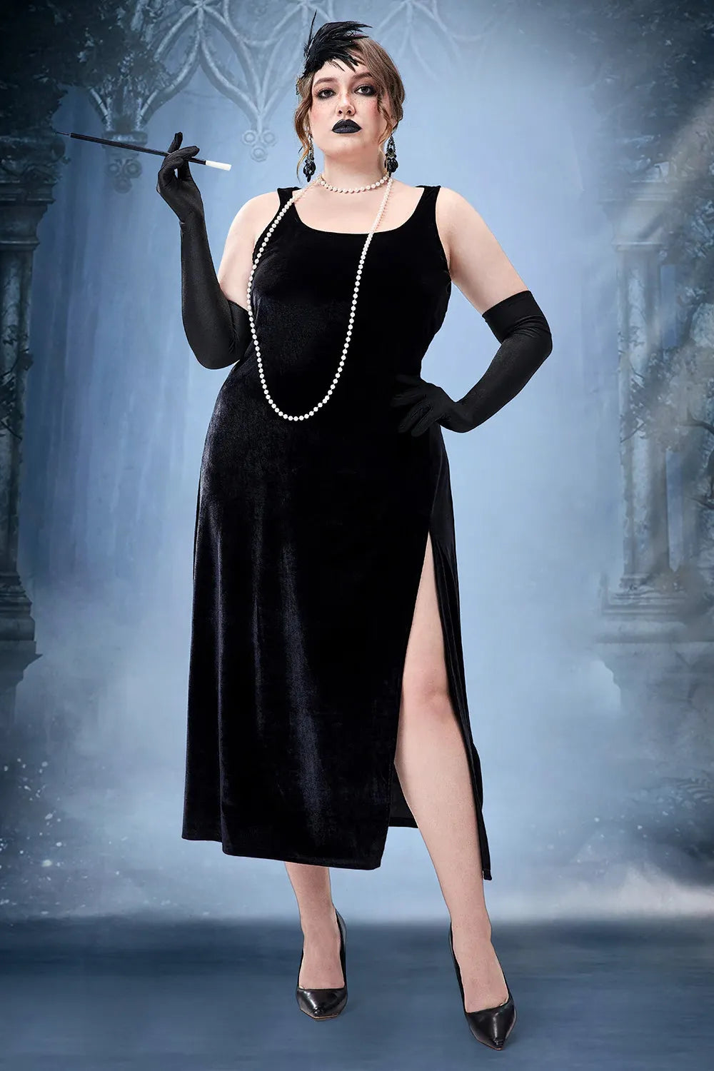 Halloween Costume 1920s Flapper Dress Gothic Square Collar Sleeveless High Split Velvet Midi Dress(Ships 24h)