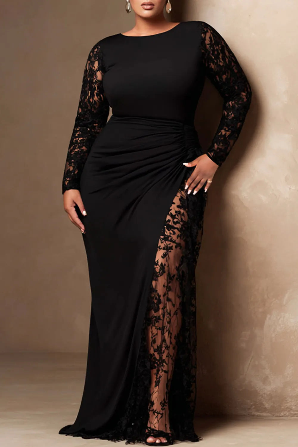 Black Round Neck Long Sleeve Contrast See Through Lace Maxi Dresses