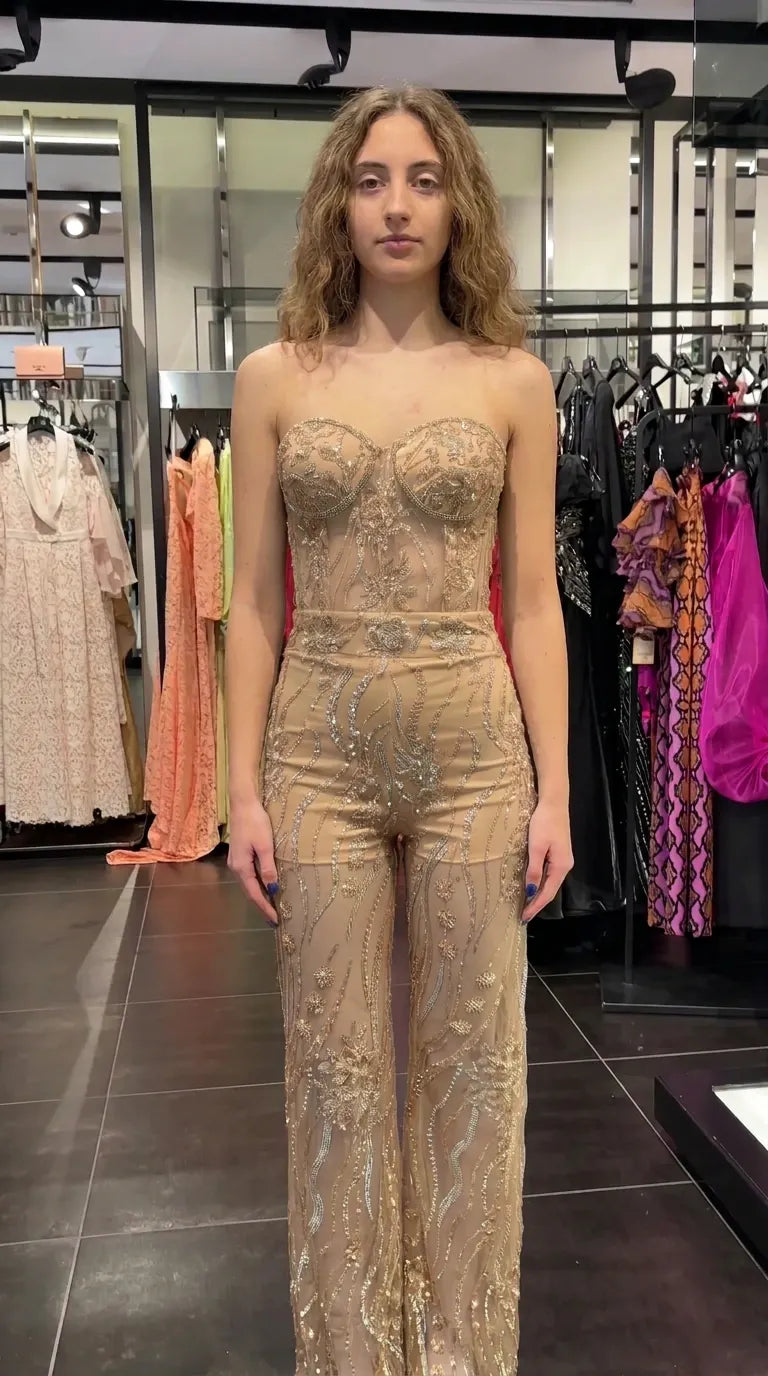 Strapless Sweetheart Sequin Mesh Evening Jumpsuit with Molded Corset Bodice