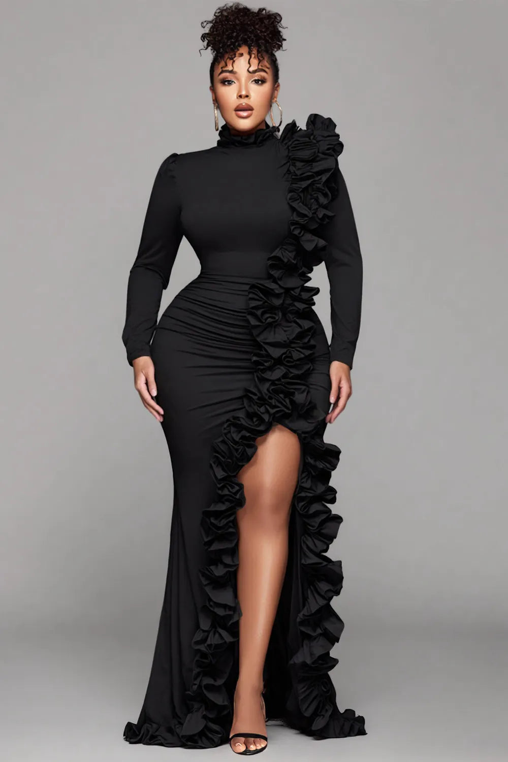 Black Round Neck Long Sleeve Split Elegant Ruffle 3D Satin Maxi Dresses