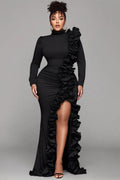 Black Round Neck Long Sleeve Split Elegant Ruffle 3D Satin Maxi Dresses