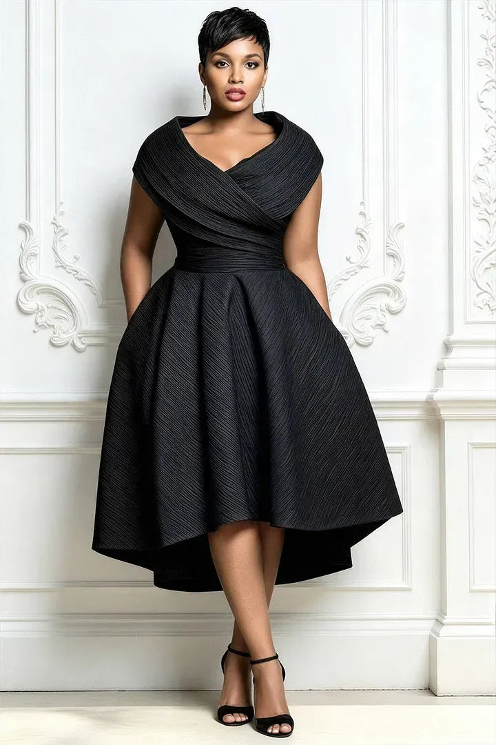 Cocktail Party Black Wrap Neck Short Sleeve Pocket Irregular Hem Midi Dresses