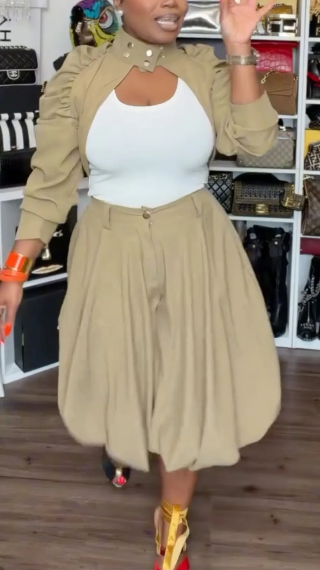 Khaki Gold Stud Collar Shrug & Bubble Midi Skirt Matching Set