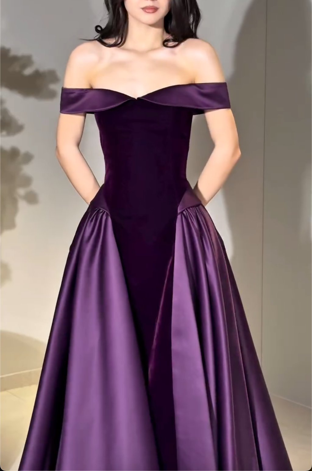 Plum Purple Off-the-Shoulder Velvet Maxi Dress with Satin Ball Gown Skirt