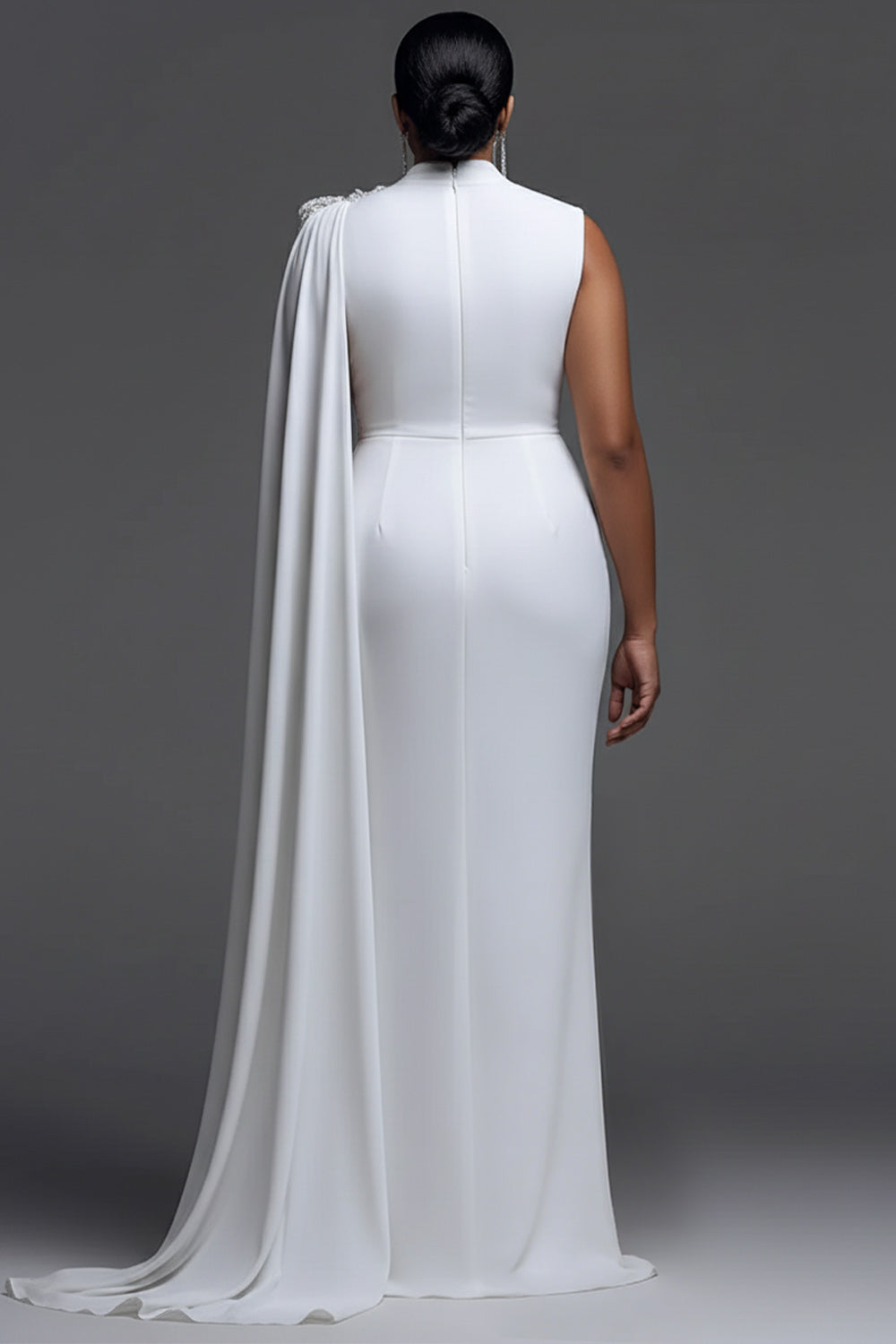 Wedding Lace White Round Neck Cape Sleeve Fold Chiffon Maxi Dresses