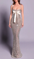 Nude Rhinestone Square Neck Mermaid Gown with Bow