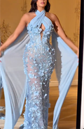 Light Blue Halter 3D Floral Sequin Mermaid Maxi Dress with Cape Drape - Formal Evening Gown for Women