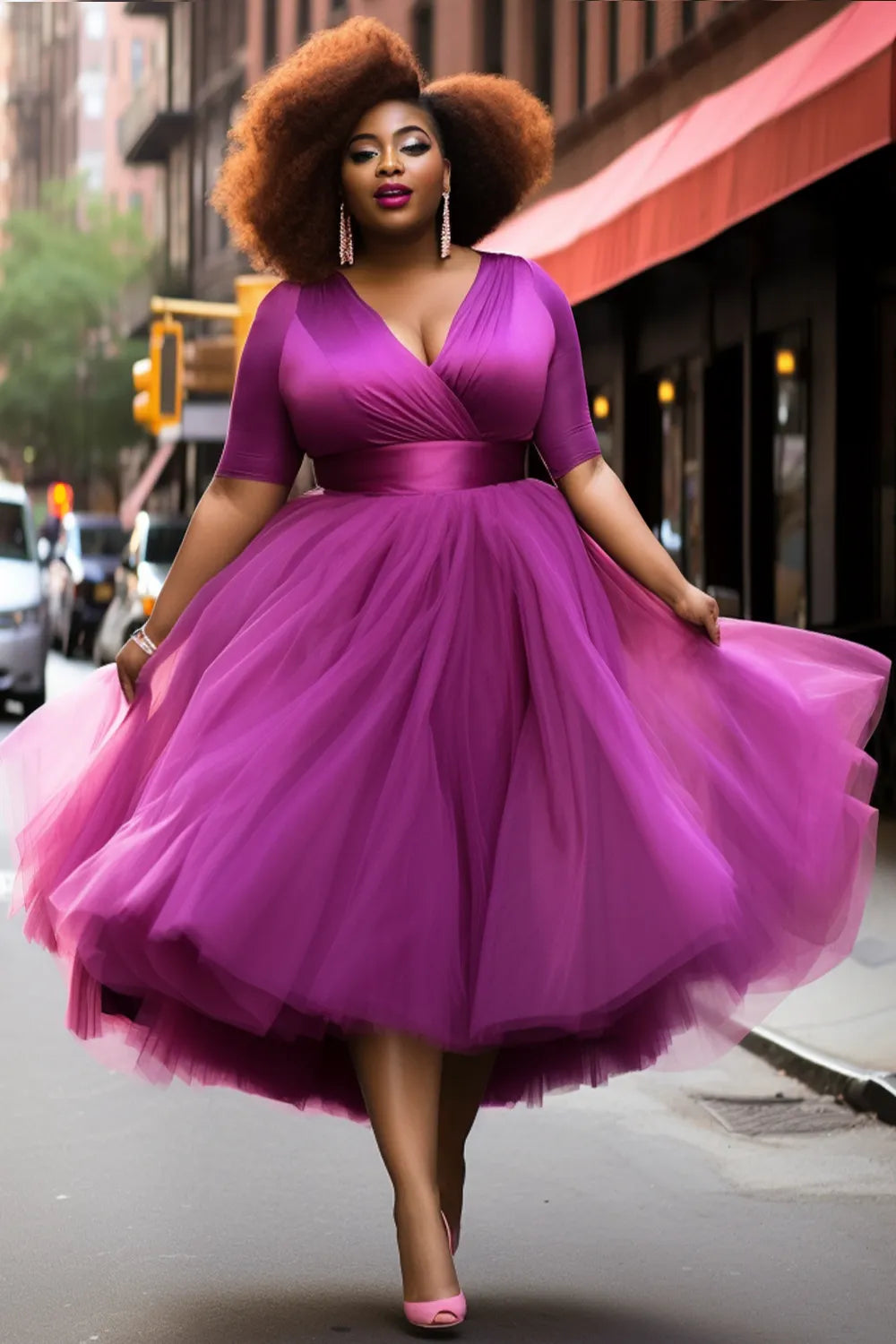 Prom Elegant Purple Spring Summer Wrap Neck Short Sleeve Contrast Tulle Midi Dresses