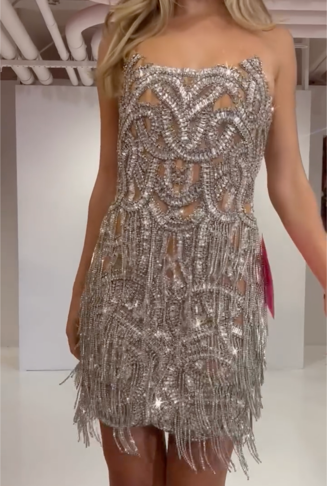 Silver Strapless Beaded Fringe Sheer Mini Dress