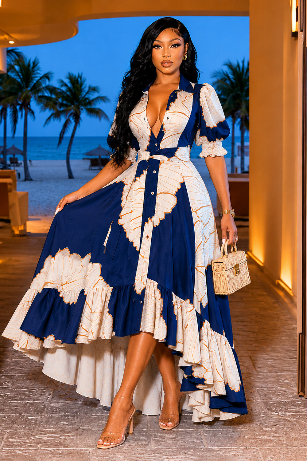 Turndown Collar Puff Sleeve Floral A-Line Casual Maxi Dresses-Multicolor