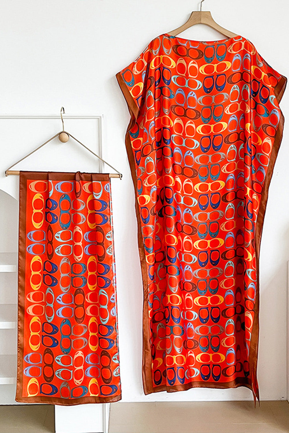 Geometric Print Scarf Side Slit Kaftan Maxi Dresses Vacation 2pcs Set-Fuchsia