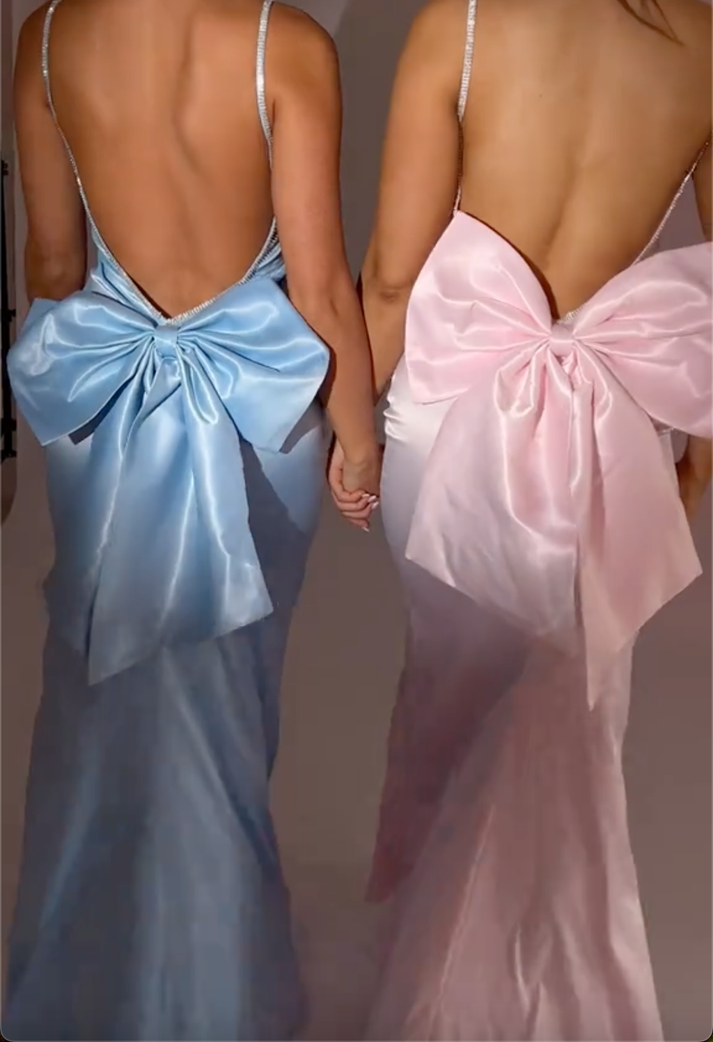 Pink/Blue Satin Maxi Dress with Crystal Straps, Deep V Back & Oversized Bow