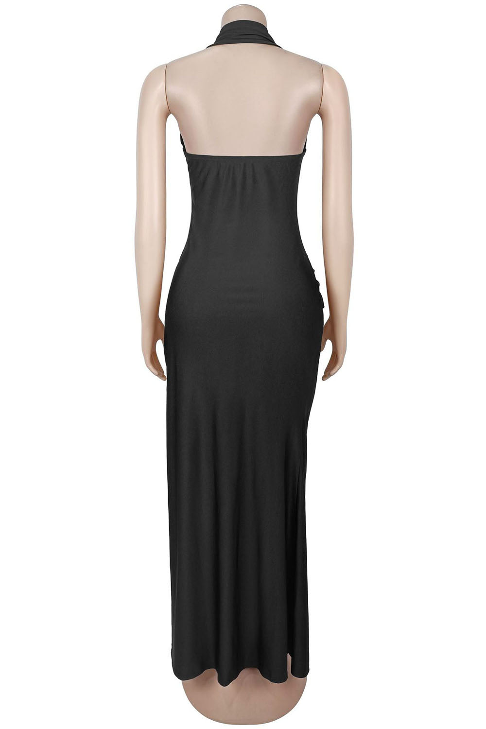 Deep V Halter Neck Waist Ruched Side High Slit Vacation Maxi Dresses-Black