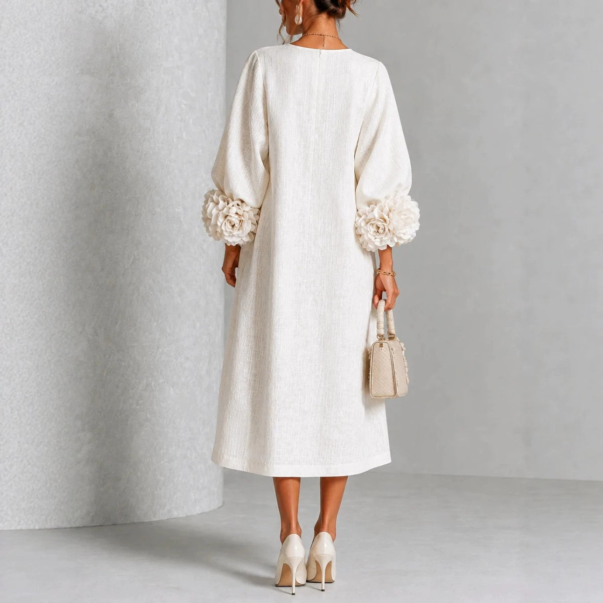 Elegant 3D Floral Cuff Button-Front Midi Dress