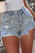 Ladies' Hot Selling Casual Rhinestone Decorated Ripped Denim Shorts