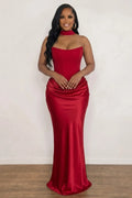 Strapless Draped Halter Scarf Slim Fit Satin Evening Gowns Maxi Dresses-Red