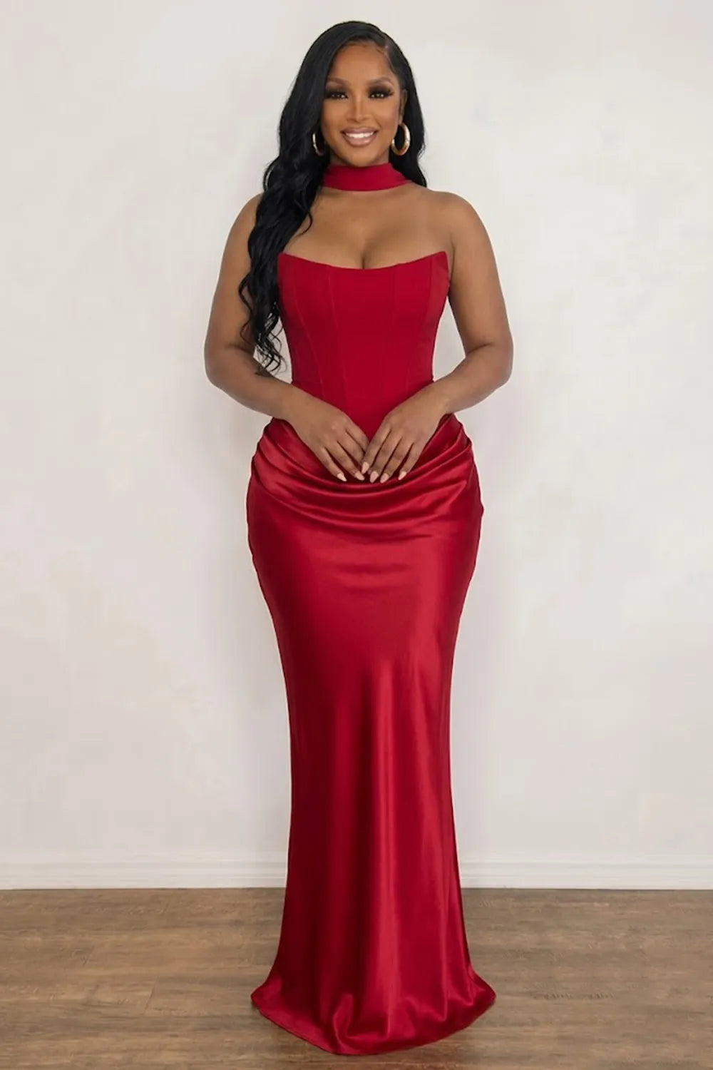 Strapless Draped Halter Scarf Slim Fit Satin Evening Gowns Maxi Dresses-Red