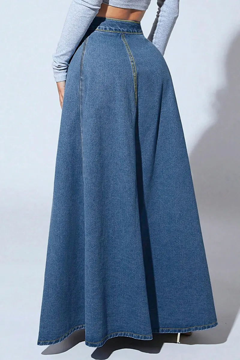 Women's Vintage Single-Breasted Full A-Line Denim Skirt