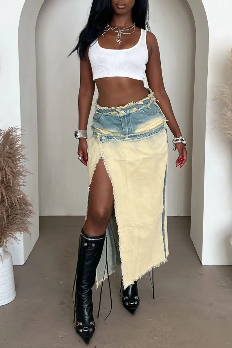 Women's Y2K Style Frayed Edge Asymmetric Split Denim Maxi Skirt