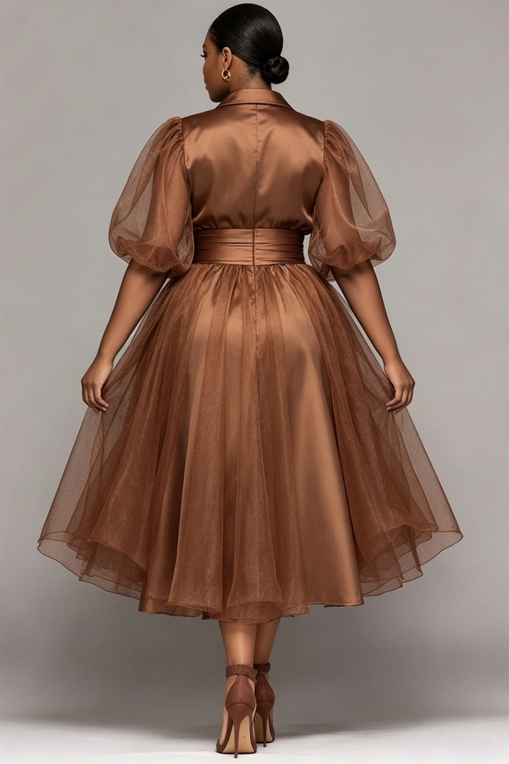 Cocktail Party Tulle Brown Round Neck Puff Sleeve Short Sleeve With Skirt Overlay Satin Midi Dresses