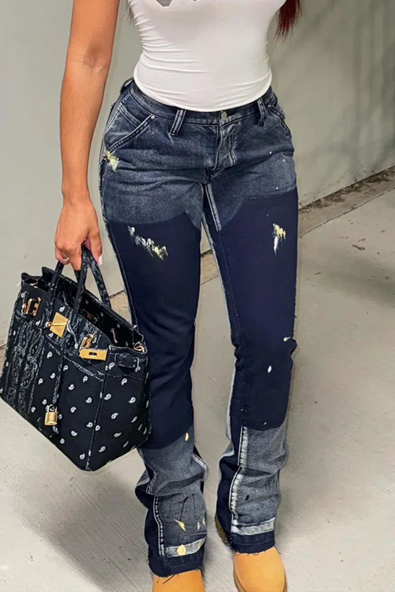 Women's Graffiti Pattern Color Block Distressed Wash Jeans