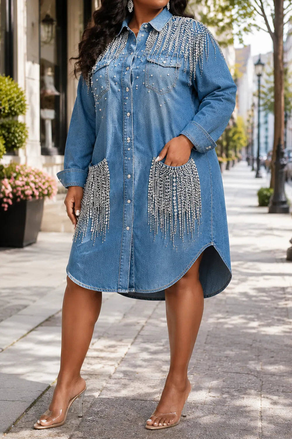 Xpluswear Design Plus Size Party Blue Shirt Collar Long Sleeve Rhinestone Pocket Denim Midi Dresses [Pre-Order]