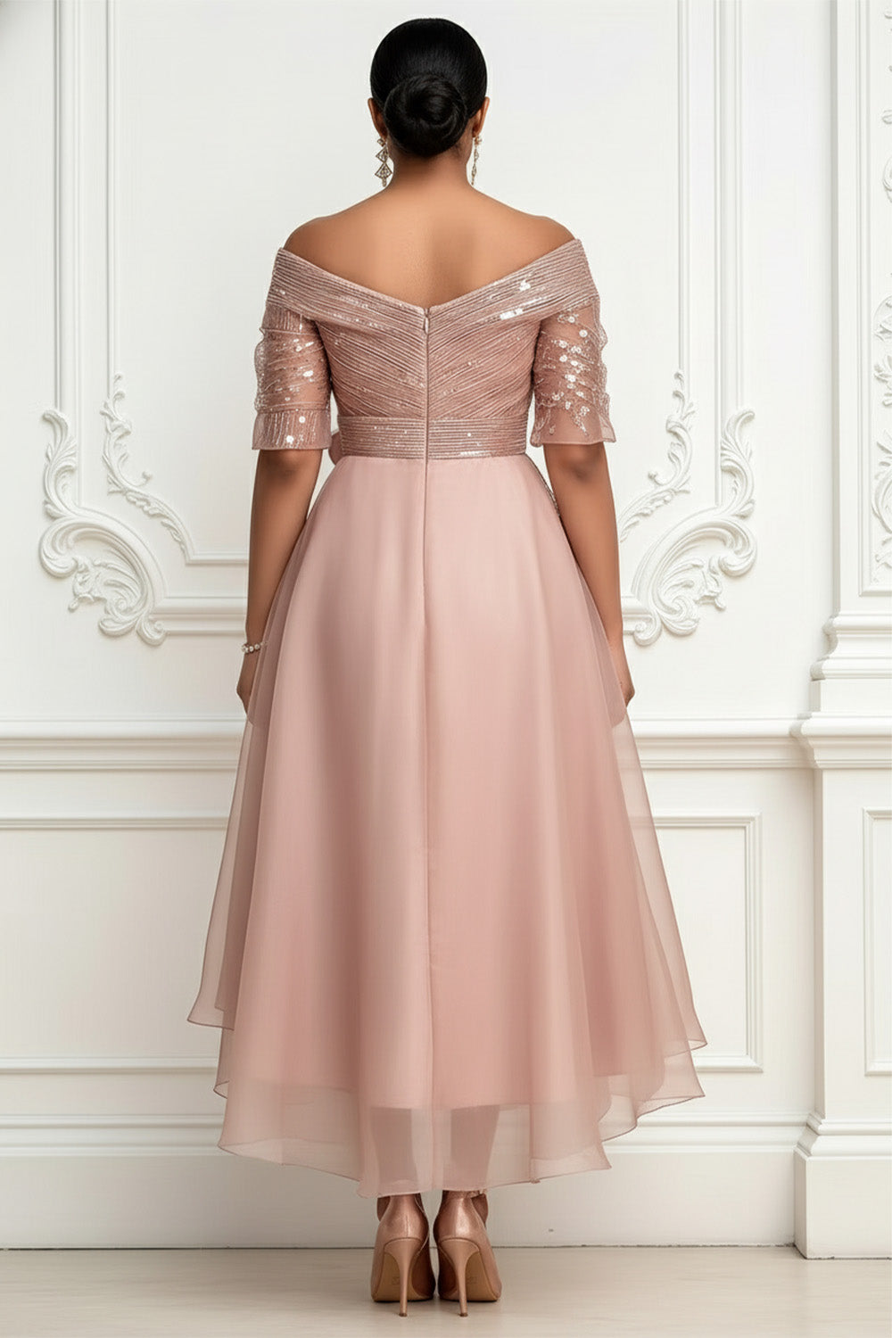 Wedding Guest Pink Wrap Neck Half Sleeve Asymmetric Hem Midi Dresses