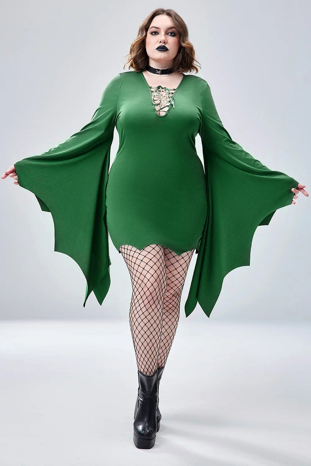 Halloween Costume Green Bats Lace Up Trumpet Sleeve Mini Dress(Ships 24h)