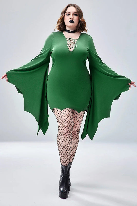 Halloween Costume Green Bats Lace Up Trumpet Sleeve Mini Dress(Ships 24h)