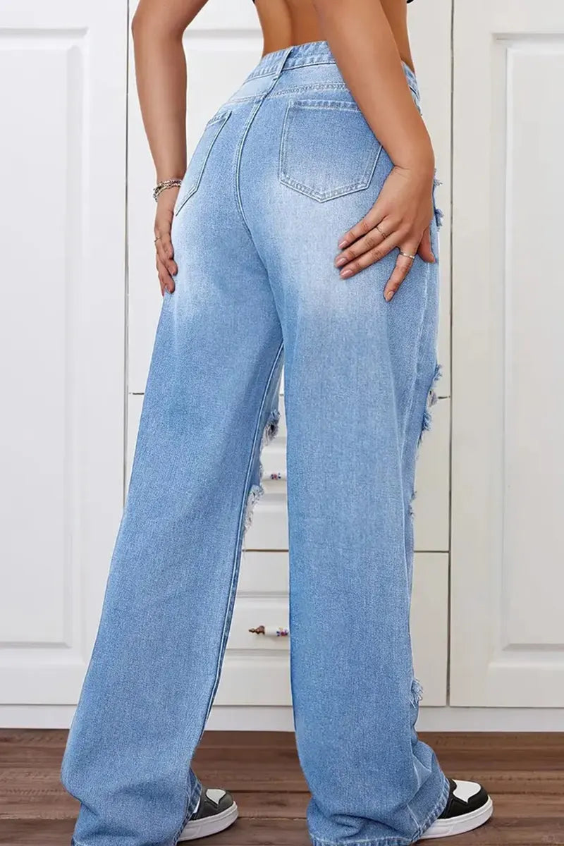 Women's Versatile Washed High-Waisted Loose Jeans