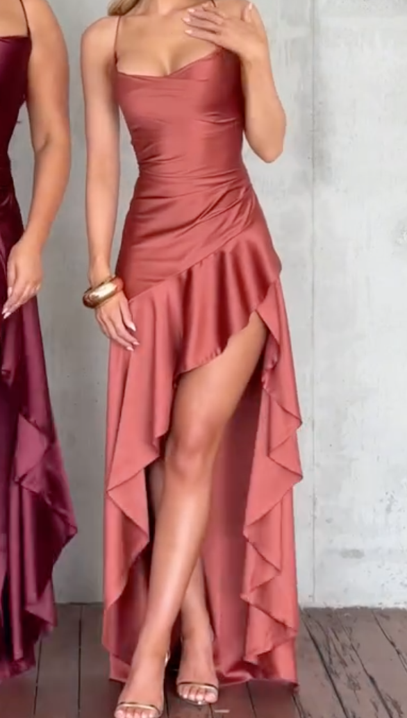 Wine Red/Rose Dusty Pink Satin Spaghetti Strap Ruffle High Slit Asymmetrical Maxi Dress Elegant Formal Evening Prom Bridesmaid Gown