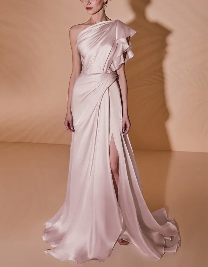 One Shoulder Solid Color Maxi Dress