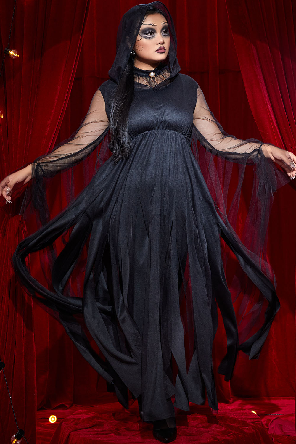 Halloween Costume Gothic Black Mesh Fringe Maxi Dress(Ships 24h)
