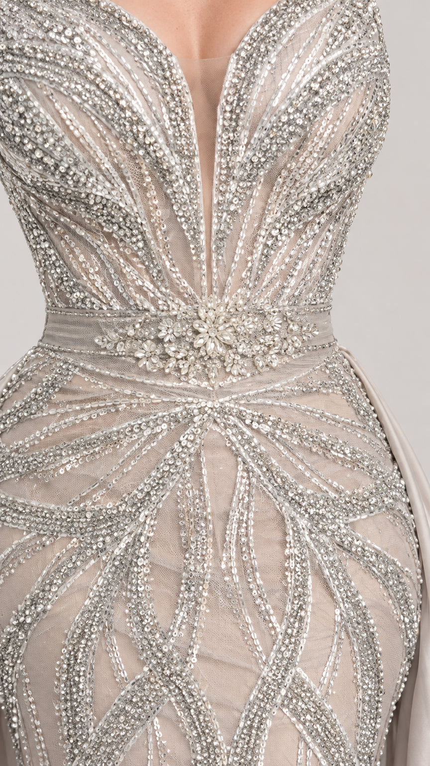 Sequined Mermaid Evening Gown with Detachable Overskirt