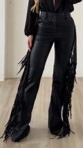 Black Fringe Faux Leather Flare Pants