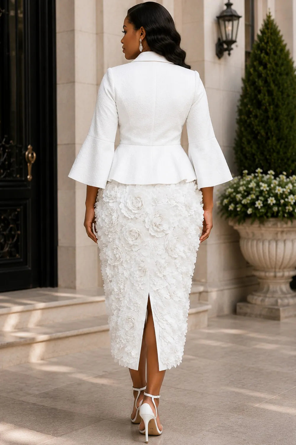 Business Casual White Turndown Collar Flare 3/4 Sleeve 3D Split Two Piece Skirt Sets [Pre-Order]