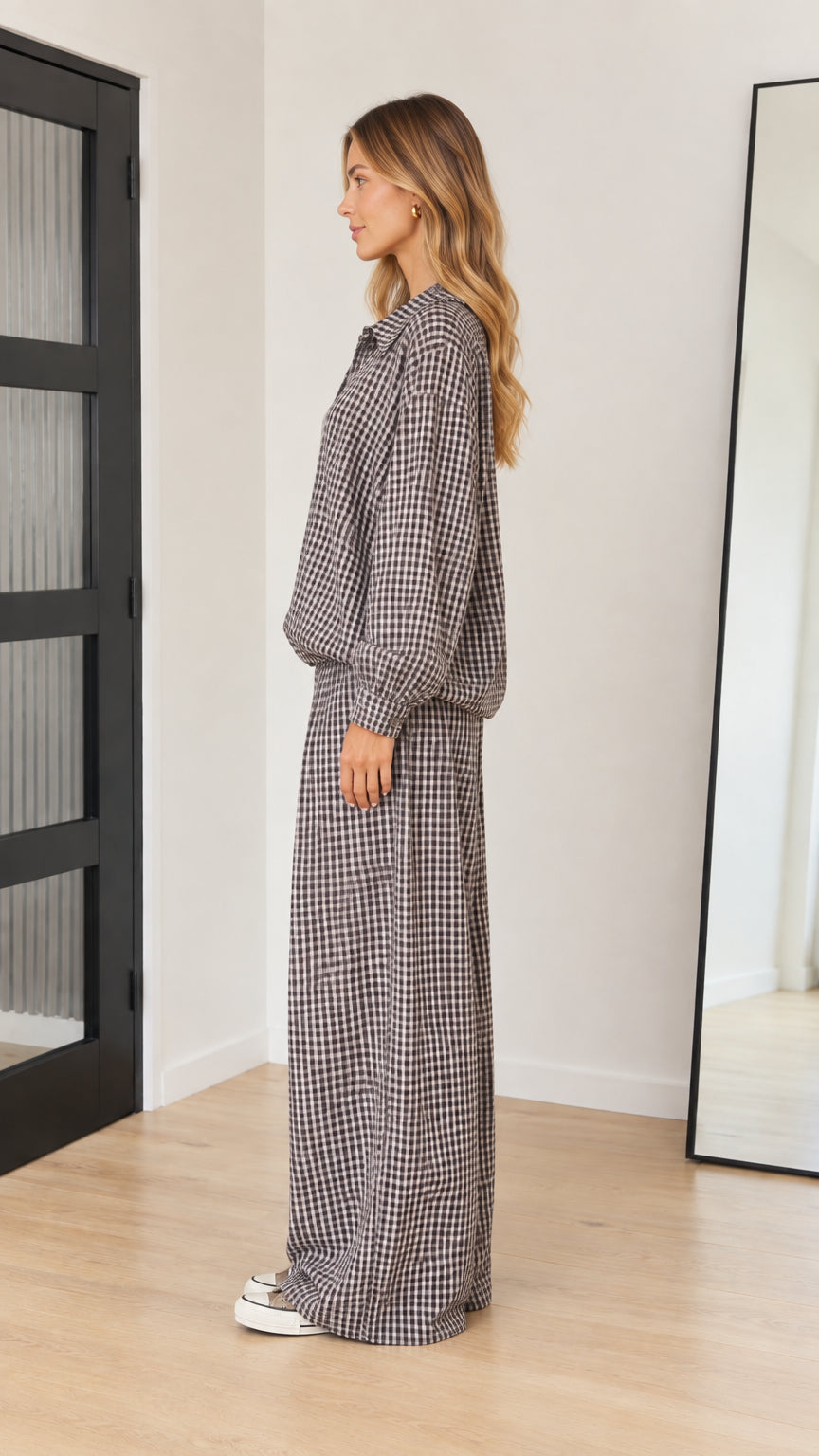 Women's Gingham Collared Long Sleeve Top and Wide-Leg Pants Two-Piece Set