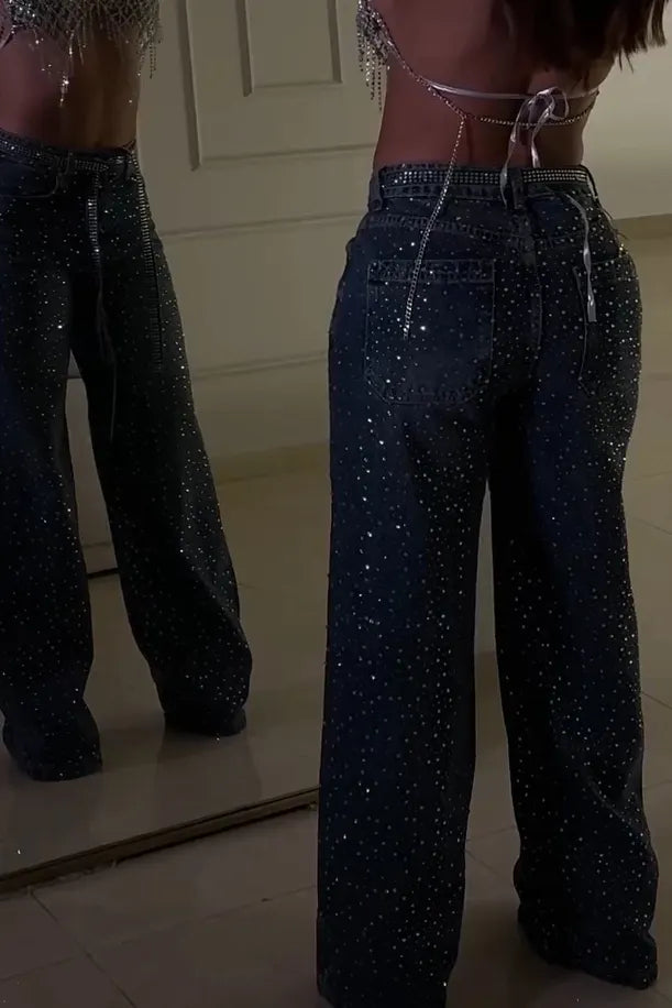 Wide-Legs Jeans with Luxe Rhinestone Waist Detail