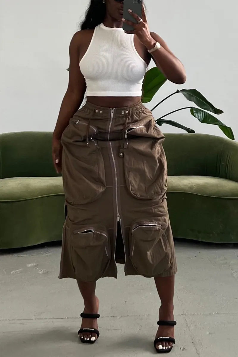 Women's Utility Midi Skirt with Elastic Waist & Voluminous Cargo Pockets