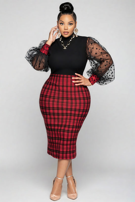 Christmas Black Plaid Round Neck Puff Sleeve Long Sleeve See Through Vintage Contrast Midi Dresses